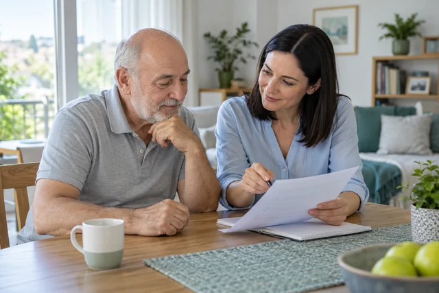 A man and a relative calmly plan his daily care after heart disease