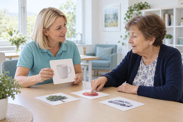 A specialist and an older woman practise communication using pictures of everyday objects