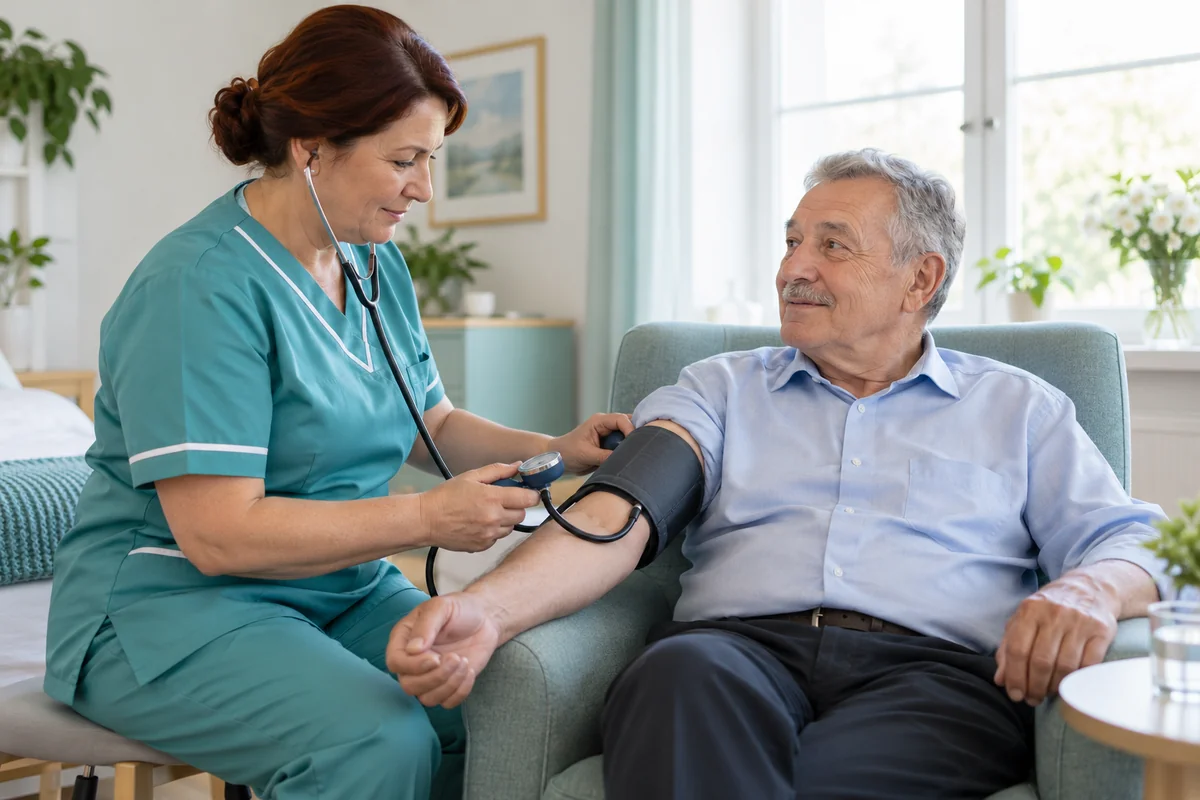A nurse carefully checks an older patient’s blood pressure