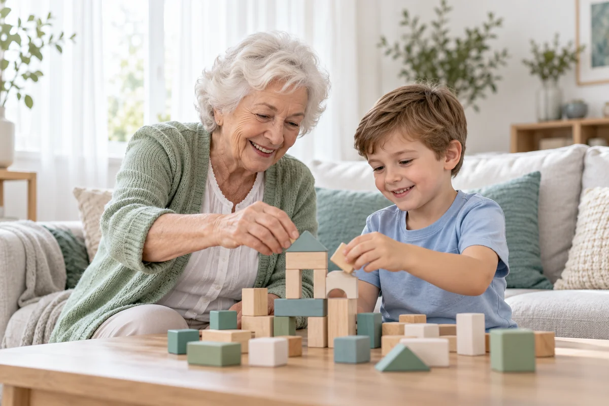 An older woman and a young child play with wooden blocks