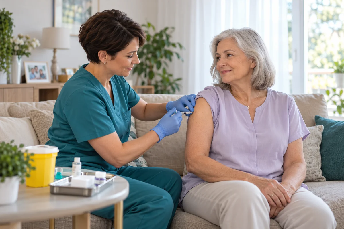A nurse gives a patient an injection at home