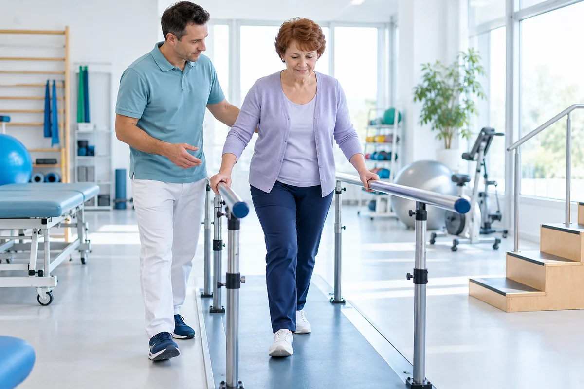 A woman practises walking with a rehabilitation specialist’s support