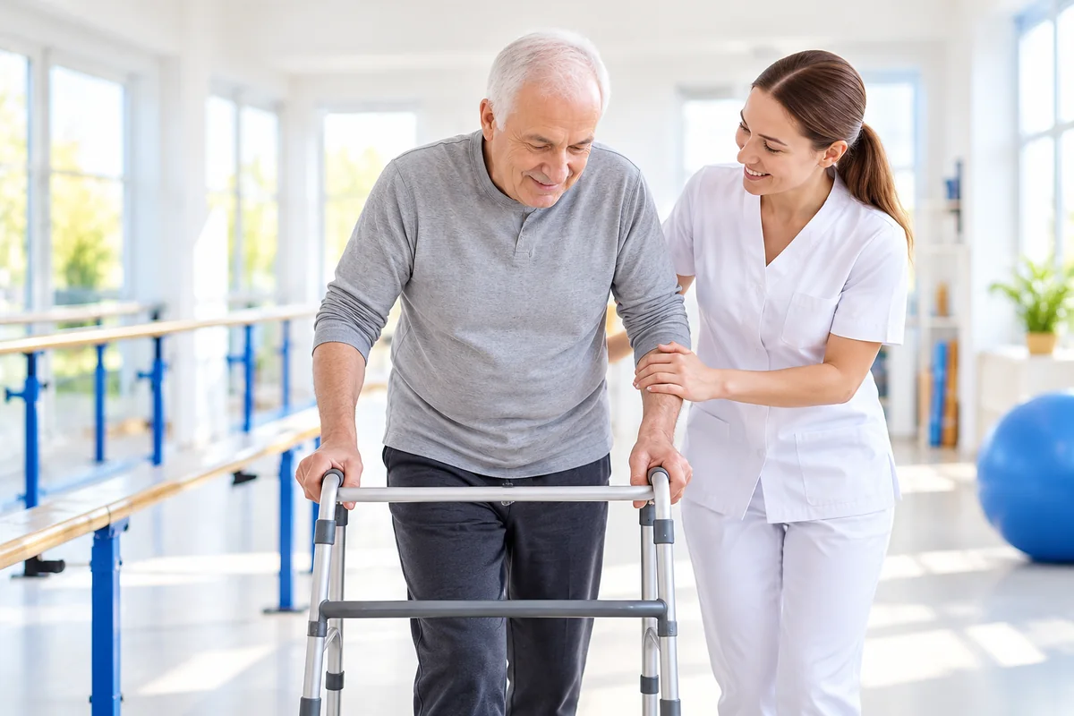 An older man practises walking with a frame and support from a rehabilitation specialist
