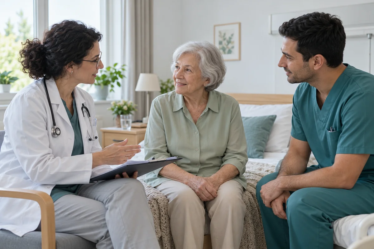 A doctor and nurse discuss care with an older patient
